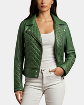 Women Leather Biker Jacket with Quilt Detail Aurora Green